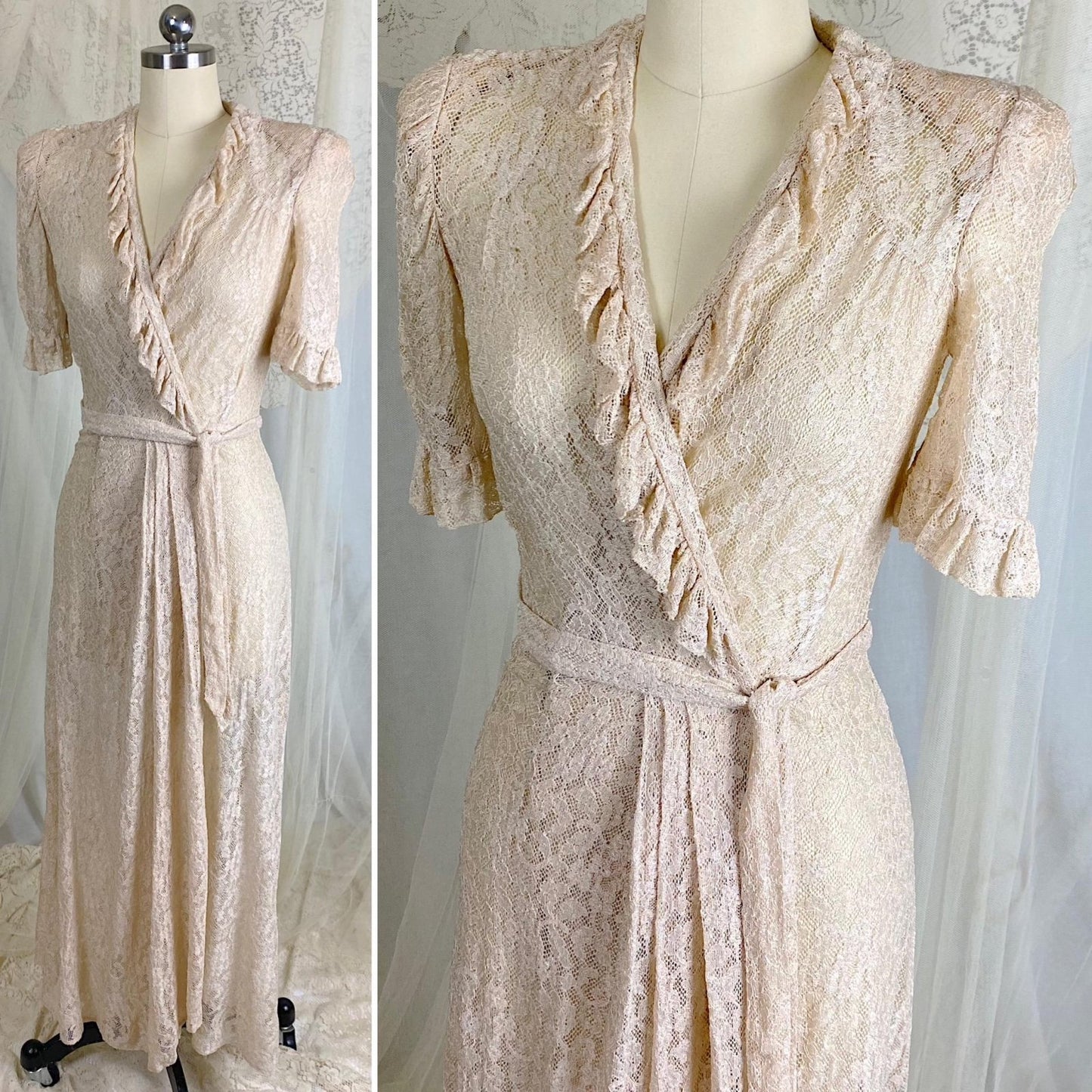 Vintage 1940's Robe - Pale Bronze Floral Rayon Lace with Ruffled Yoke & Sleeves - Size XS, S - By Taylor Mode - Daggers & Dames