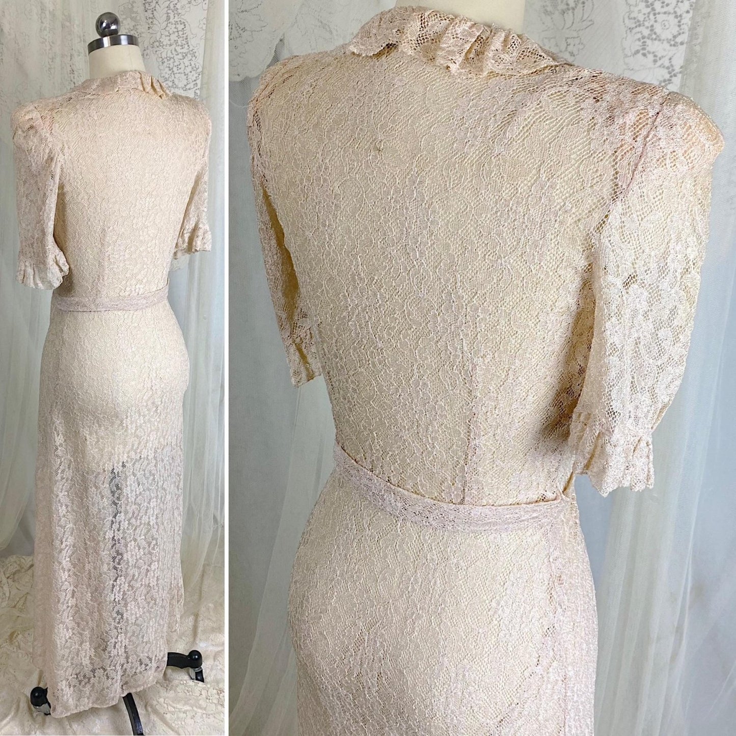 Vintage 1940's Robe - Pale Bronze Floral Rayon Lace with Ruffled Yoke & Sleeves - Size XS, S - By Taylor Mode - Daggers & Dames