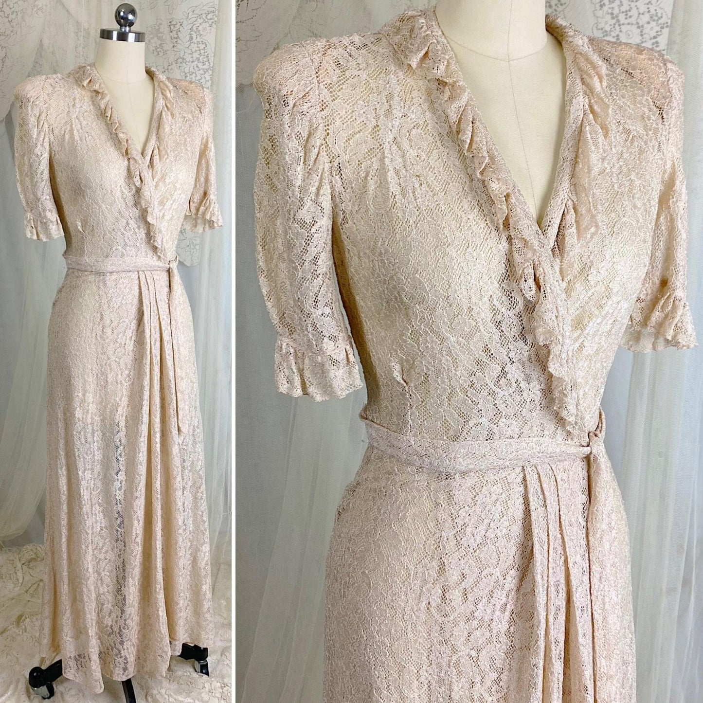 Vintage 1940's Robe - Pale Bronze Floral Rayon Lace with Ruffled Yoke & Sleeves - Size XS, S - By Taylor Mode - Daggers & Dames