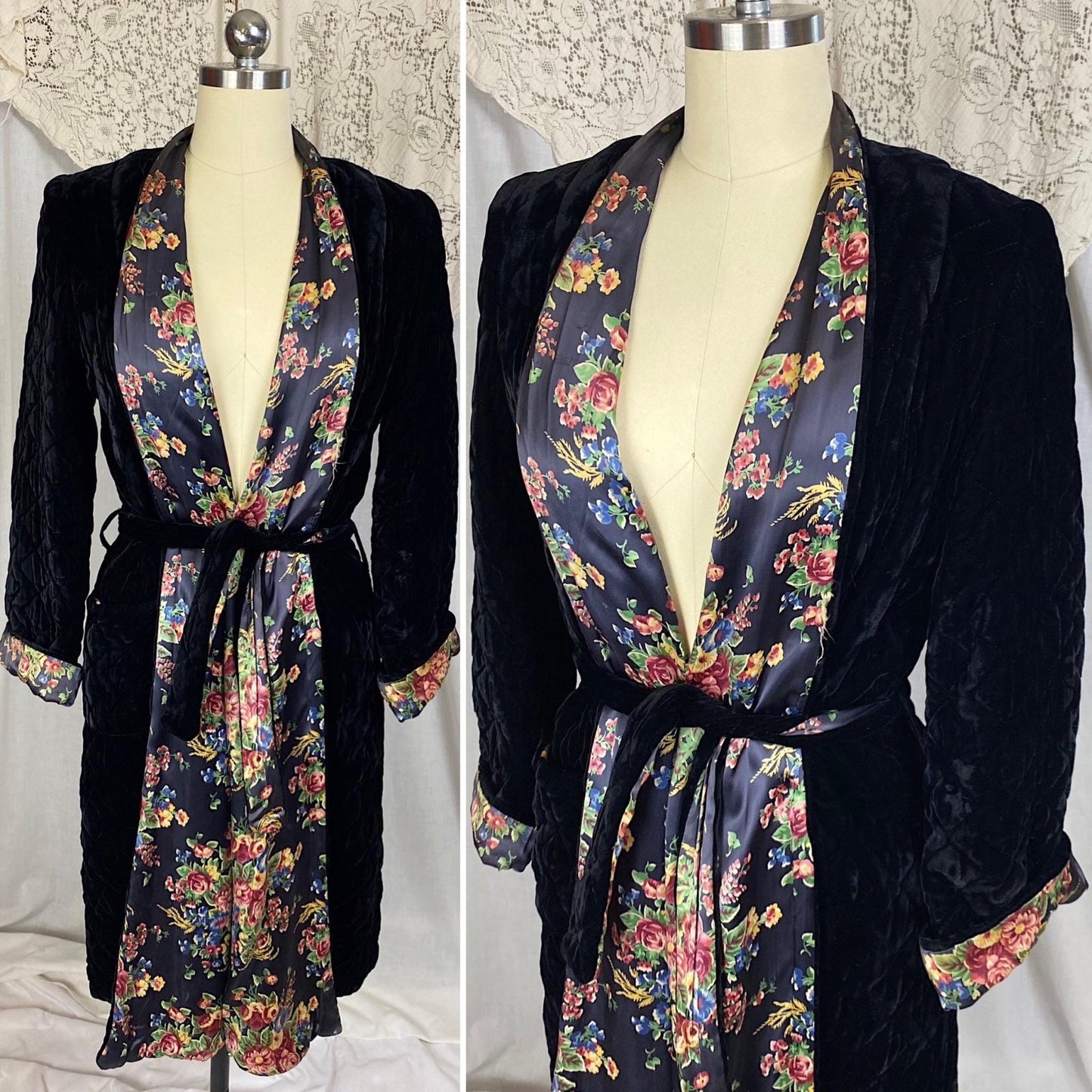 Vintage 1940's Robe | Quilted Black Velvet with Floral Print Indigo Rayon Satin Lining | Size S, M - Daggers & Dames