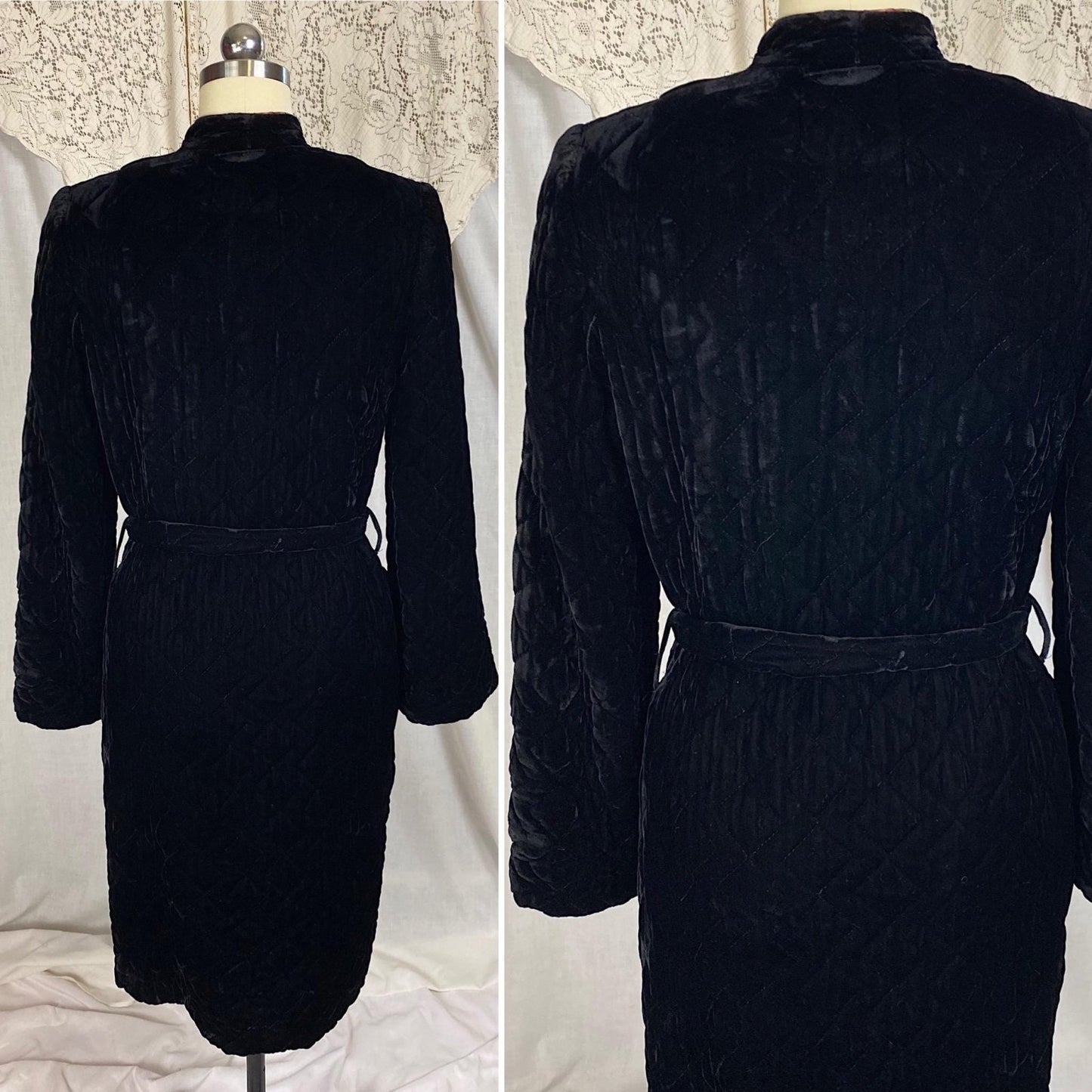 Vintage 1940's Robe | Quilted Black Velvet with Floral Print Indigo Rayon Satin Lining | Size S, M - Daggers & Dames