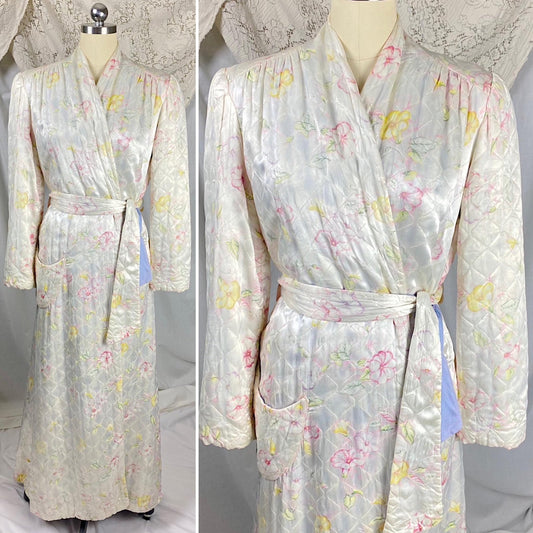 Vintage 1940's Robe | Quilted White Rayon Satin with Bright Floral Print | Size S, M - Daggers & Dames