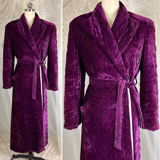 Vintage 1940's Royal Purple Quilted Velvet Robe - By Najla of Hollywood, Size S, M - Daggers & Dames