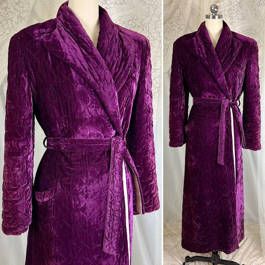 Vintage 1940's Royal Purple Quilted Velvet Robe - By Najla of Hollywood, Size S, M - Daggers & Dames