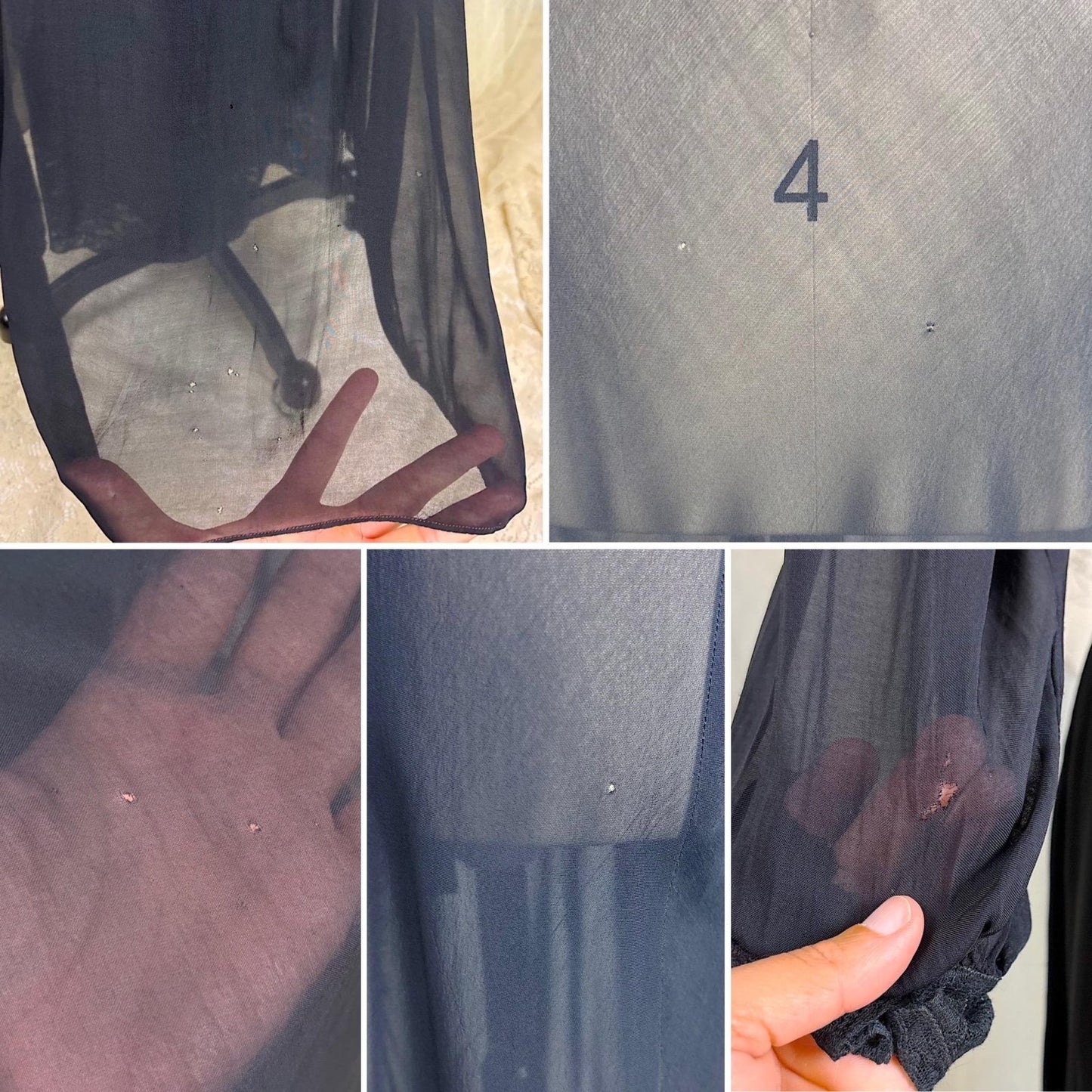 Vintage 1940's Sheer Black Rayon Chiffon Nightgown & Peignoir Set with Cotton Lace - Size S, M - Daggers & Dames