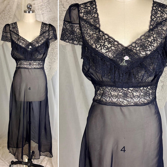 Vintage 1940's Sheer Black Rayon Chiffon Nightgown with Lace - Never Worn, Size S, M - Daggers & Dames