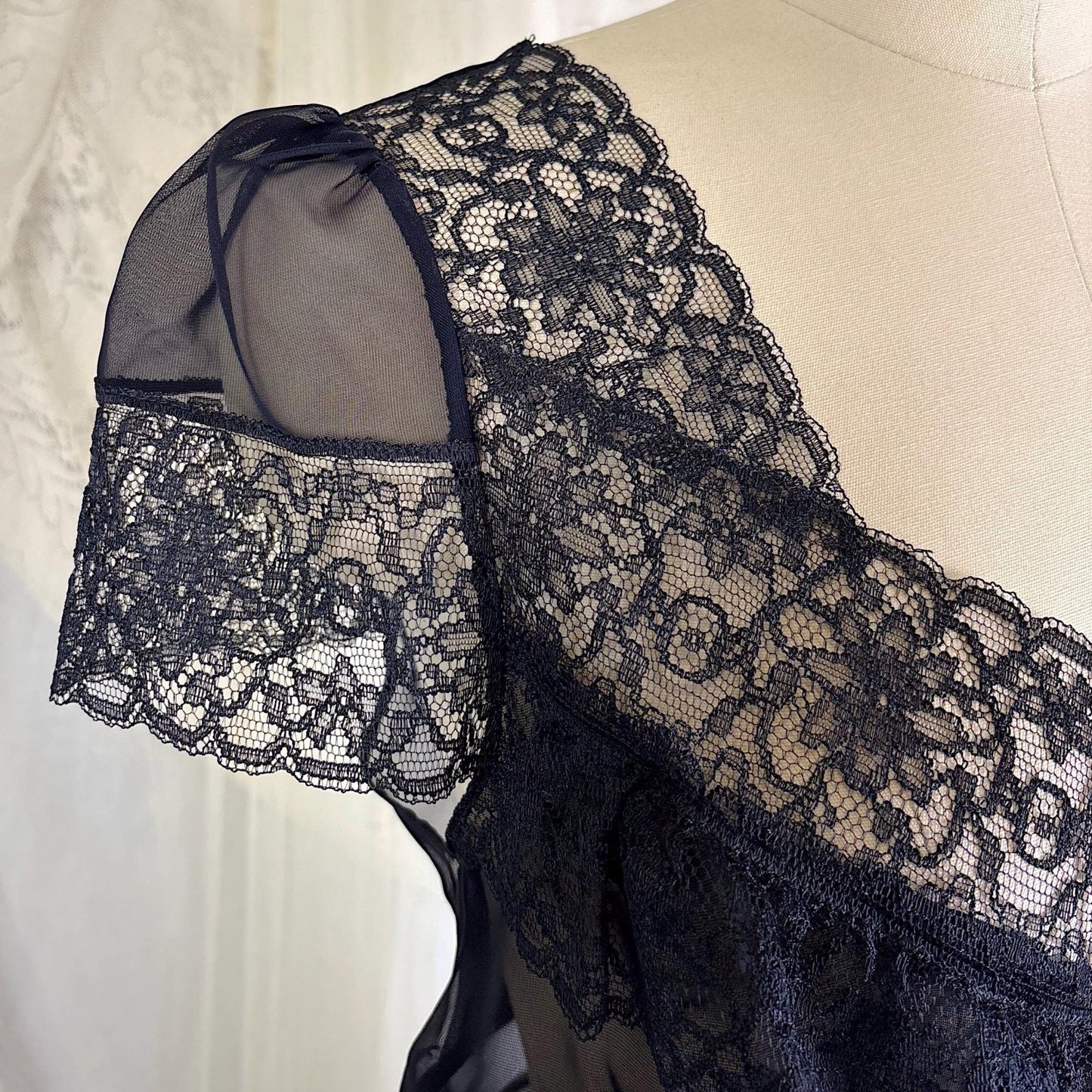 Vintage 1940's Sheer Black Rayon Chiffon Nightgown with Lace - Never Worn, Size S, M - Daggers & Dames