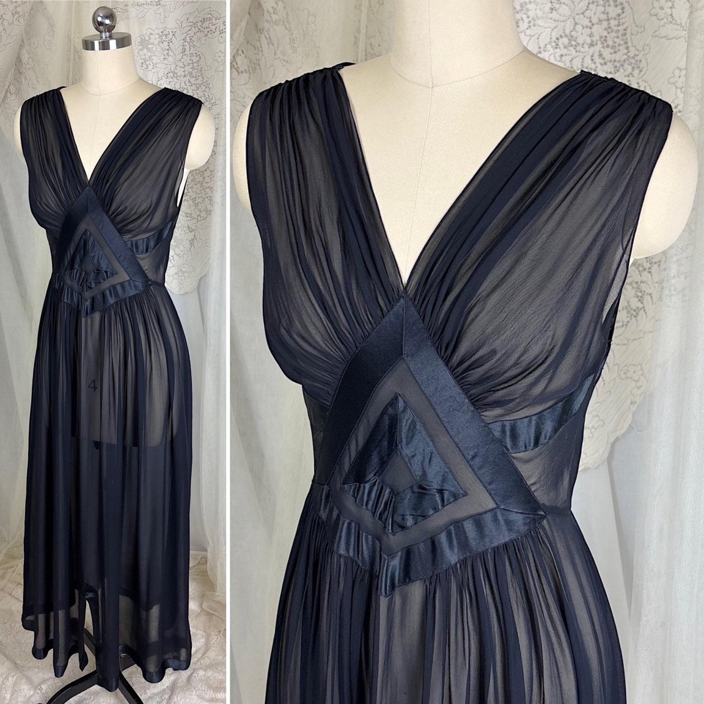 Vintage 1940's Sheer Black Silk Chiffon Nightgown with Satin Diamond Inset - By Fischer Heavenly Lingerie, Size XS, S - Daggers & Dames