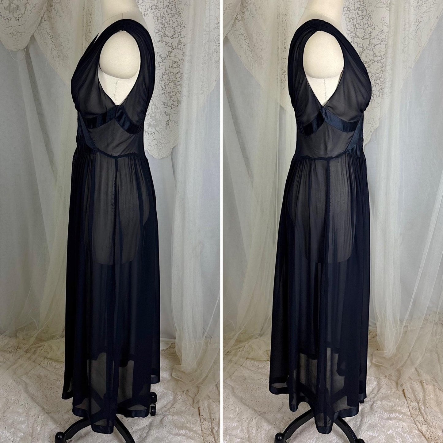 Vintage 1940's Sheer Black Silk Chiffon Nightgown with Satin Diamond Inset - By Fischer Heavenly Lingerie, Size XS, S - Daggers & Dames