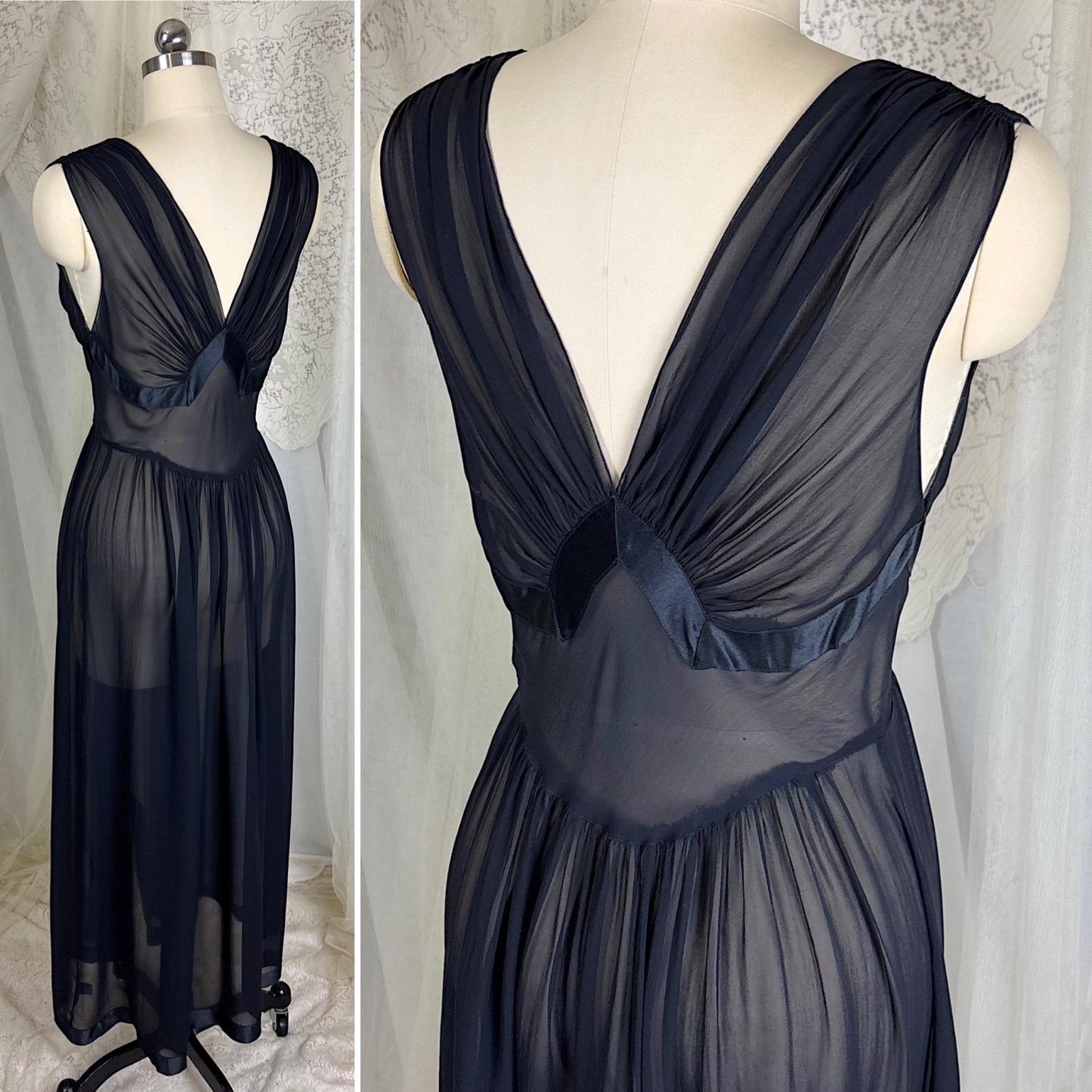 Vintage 1940's Sheer Black Silk Chiffon Nightgown with Satin Diamond Inset - By Fischer Heavenly Lingerie, Size XS, S - Daggers & Dames