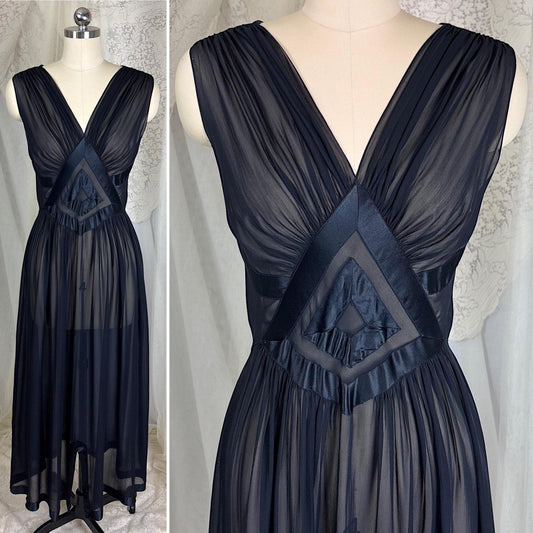 Vintage 1940's Sheer Black Silk Chiffon Nightgown with Satin Diamond Inset - By Fischer Heavenly Lingerie, Size XS, S - Daggers & Dames