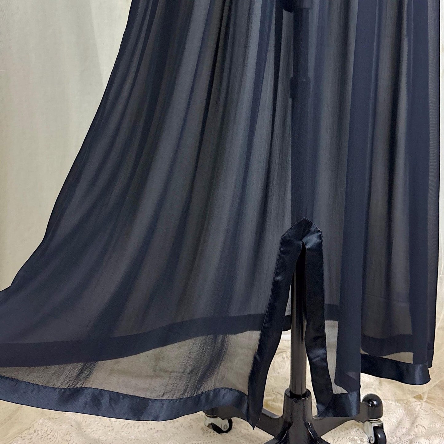 Vintage 1940's Sheer Black Silk Chiffon Nightgown with Satin Diamond Inset - By Fischer Heavenly Lingerie, Size XS, S - Daggers & Dames