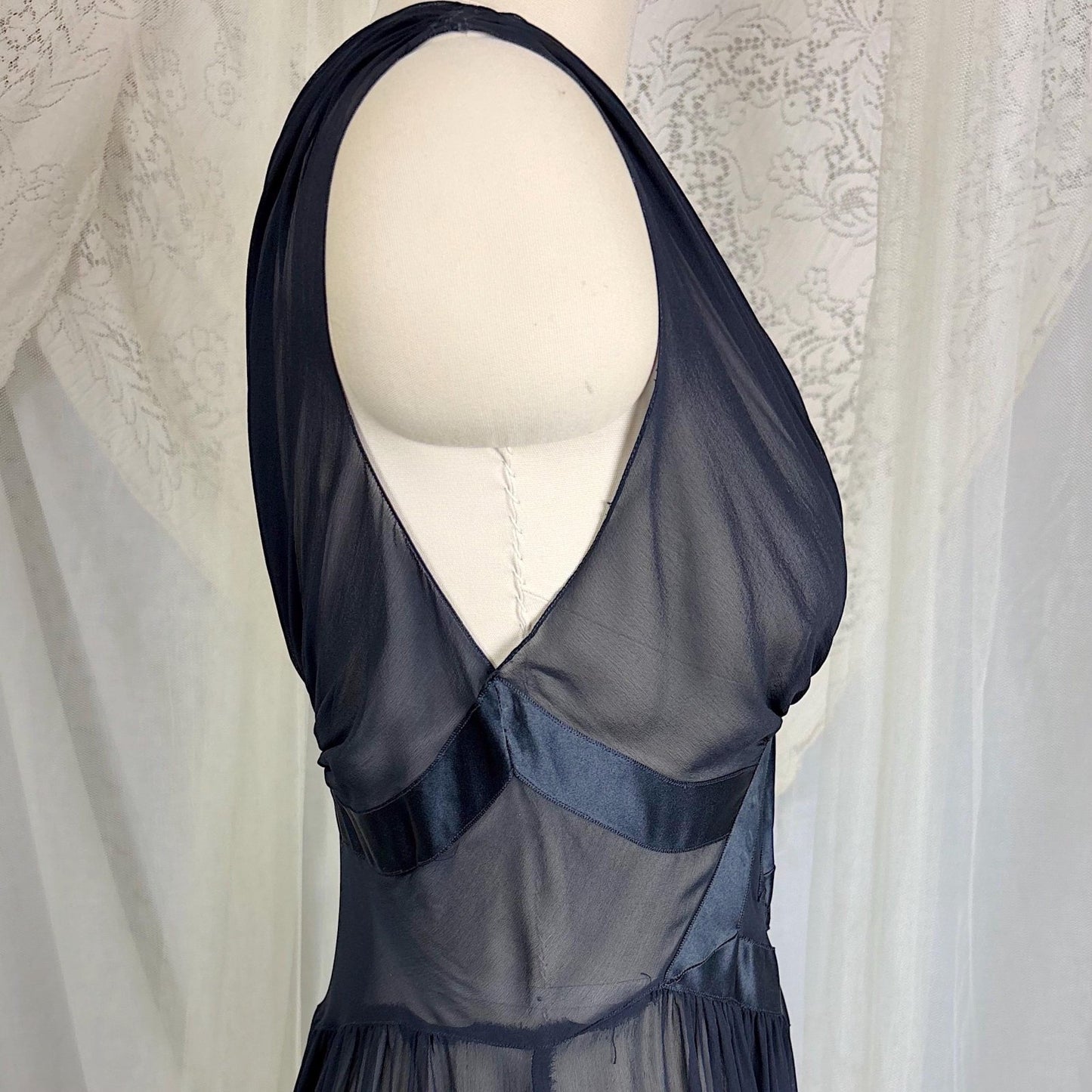Vintage 1940's Sheer Black Silk Chiffon Nightgown with Satin Diamond Inset - By Fischer Heavenly Lingerie, Size XS, S - Daggers & Dames