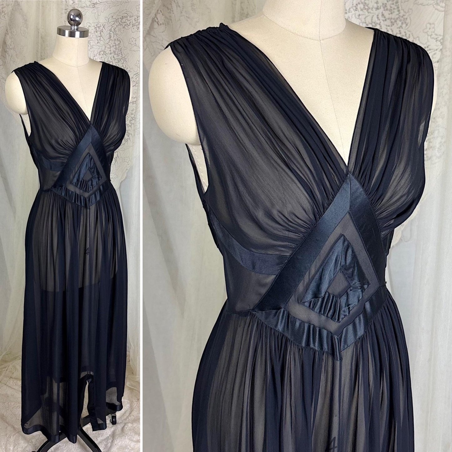 Vintage 1940's Sheer Black Silk Chiffon Nightgown with Satin Diamond Inset - By Fischer Heavenly Lingerie, Size XS, S - Daggers & Dames