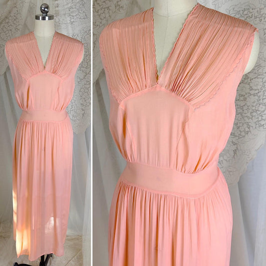 Vintage 1940's Sheer Coral Pink Rayon Chiffon Nightgown - From Hungary, Size S, M, LG - Daggers & Dames