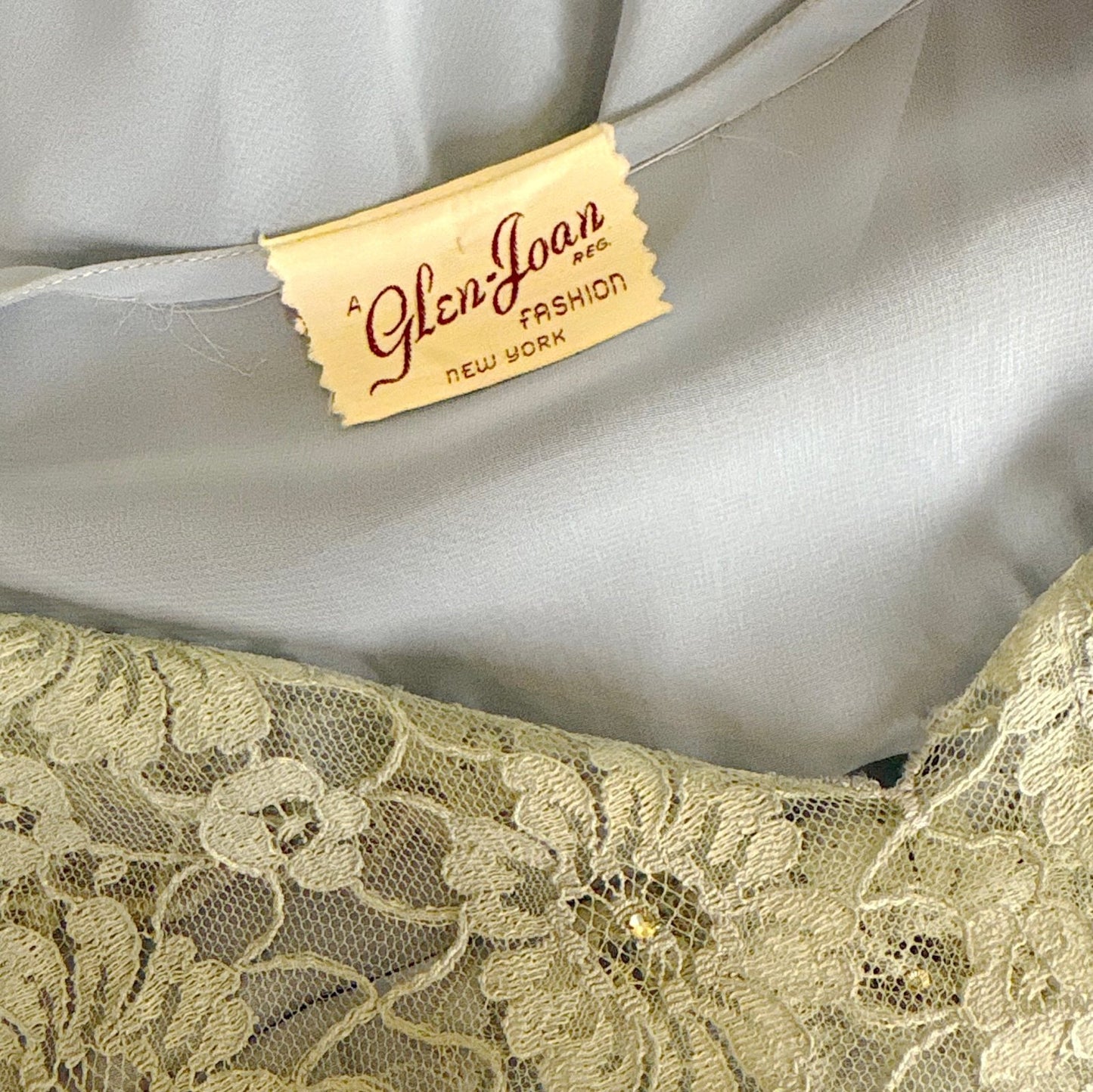 Vintage 1940's Sheer Periwinkle Blue Rayon Chiffon Maxi Dress with Rhinestone Lace Panel - by Glen - Joan, size M - Daggers & Dames