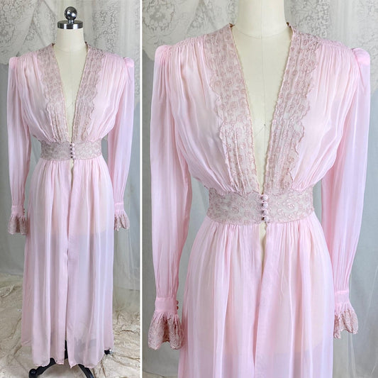Vintage 1940's Sheer Pink Rayon Chiffon Dressing Gown with Warm Nude Embroidered Lace & Ruffled Bell Cuff Sleeves – Size XS, S - Daggers & Dames