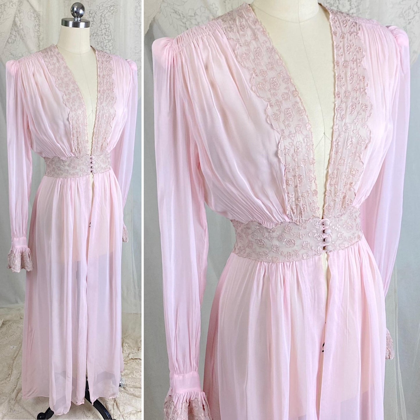 Vintage 1940's Sheer Pink Rayon Chiffon Dressing Gown with Warm Nude Embroidered Lace & Ruffled Bell Cuff Sleeves – Size XS, S - Daggers & Dames