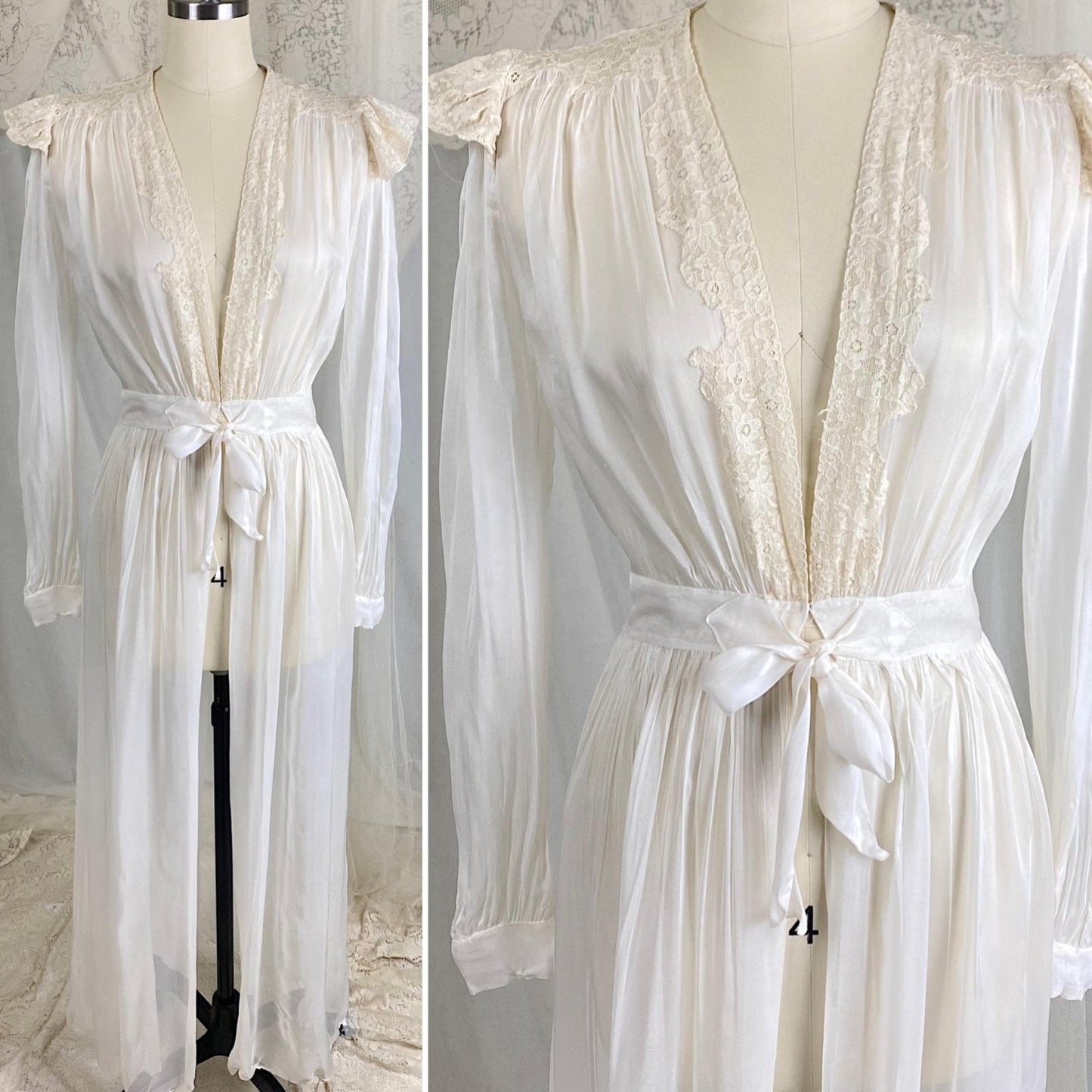 Vintage 1940s Sheer White Rayon Chiffon Dressing Gown with Ivory Cotton Lace & Tie Waist - Size XS - Daggers & Dames