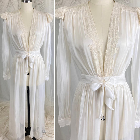 Vintage 1940s Sheer White Rayon Chiffon Dressing Gown with Ivory Cotton Lace & Tie Waist - Size XS - Daggers & Dames