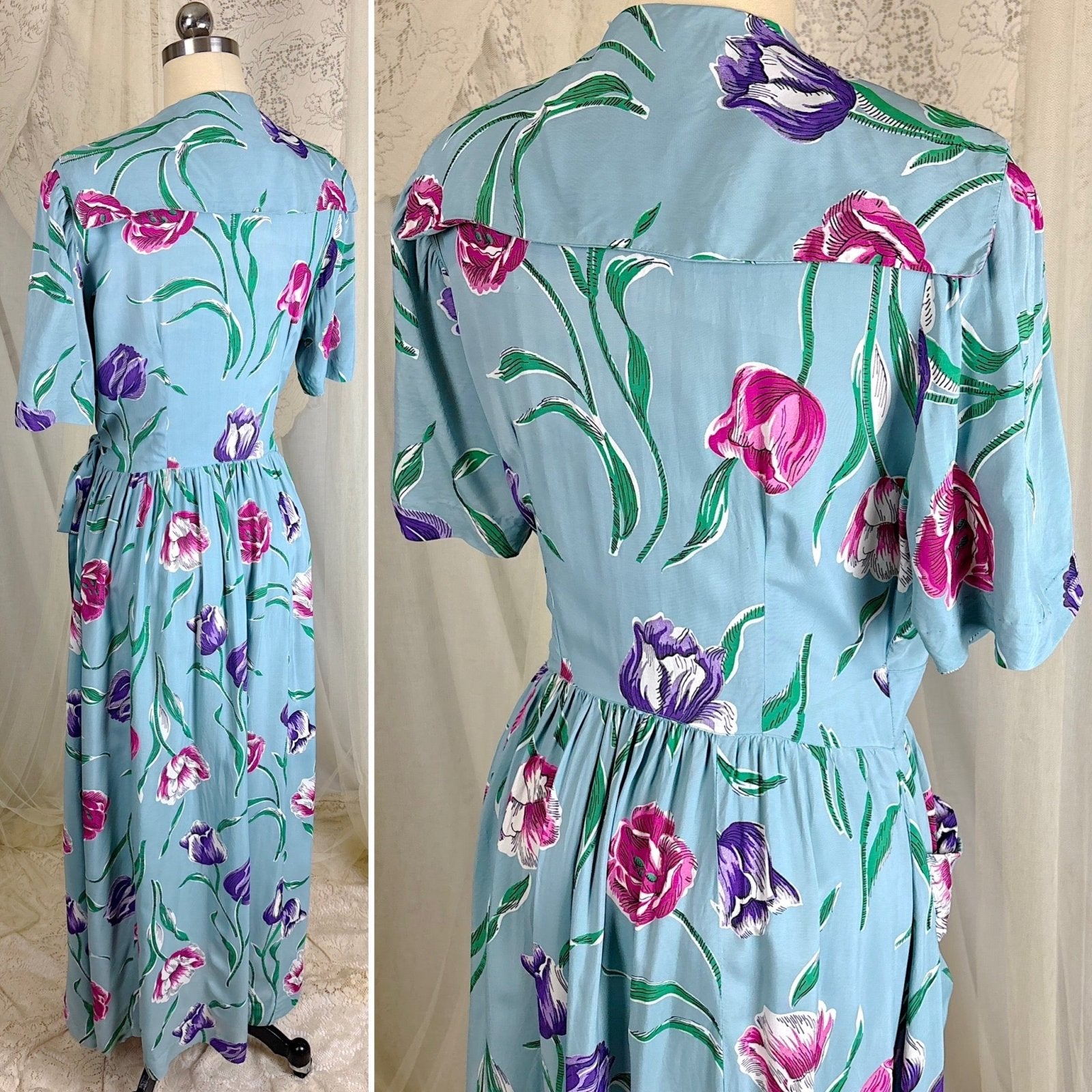 Vintage 1940's Sky Blue Rayon Dressing Gown with Bold Tulip Print - By Vali Fashion, Size S, M - Daggers & Dames