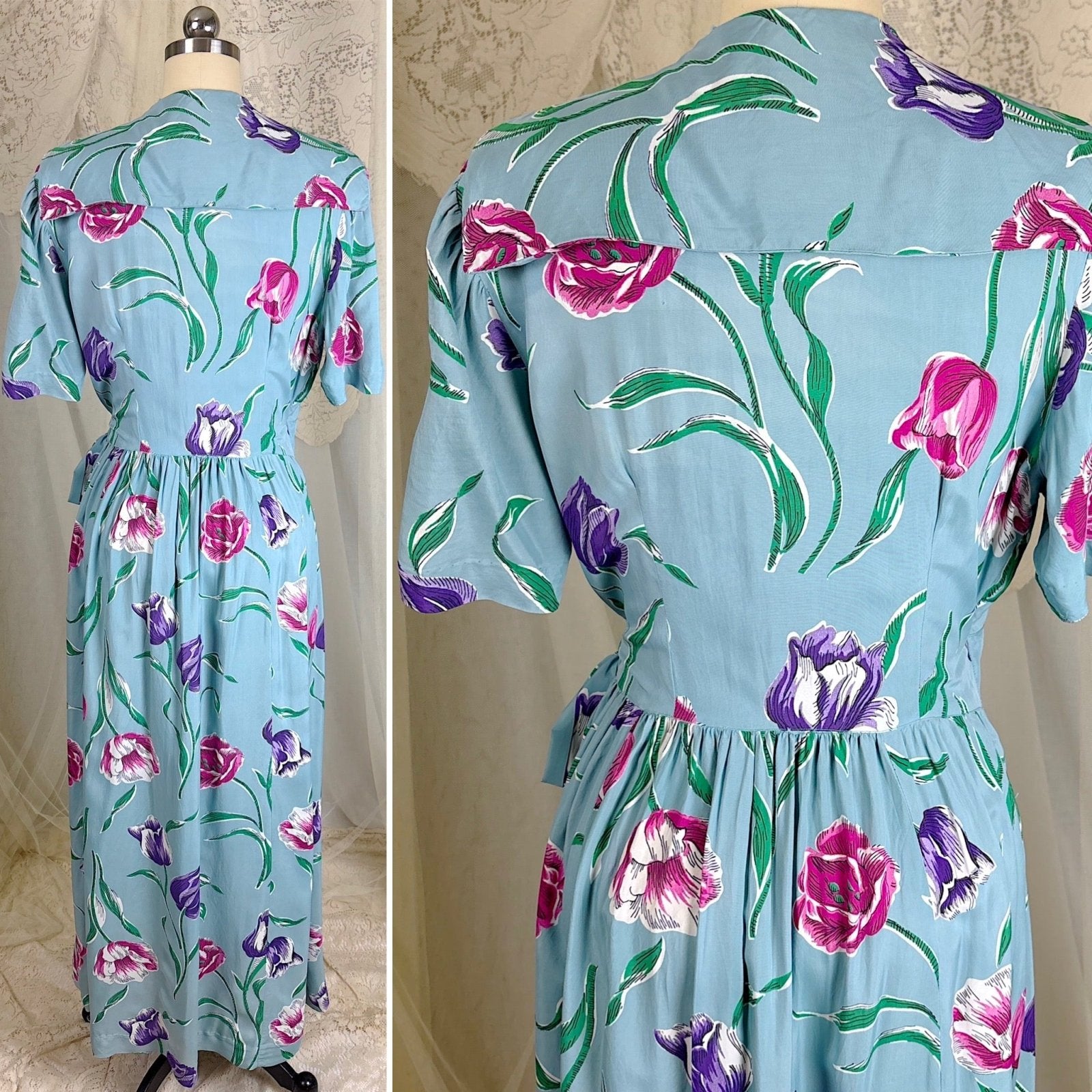 Vintage 1940's Sky Blue Rayon Dressing Gown with Bold Tulip Print - By Vali Fashion, Size S, M - Daggers & Dames