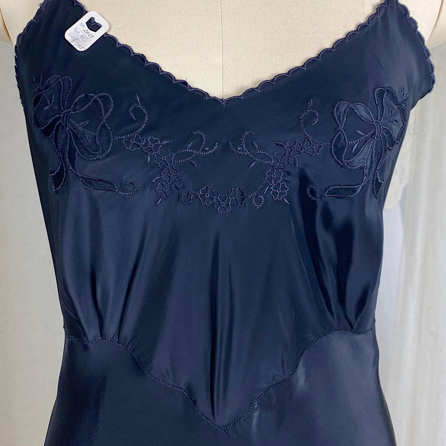 Vintage 1940's Slip - Inky Black Rayon with Satin Bow & Floral Appliqués - Size LG, XLG - By Hard Look - New with Tag - Daggers & Dames