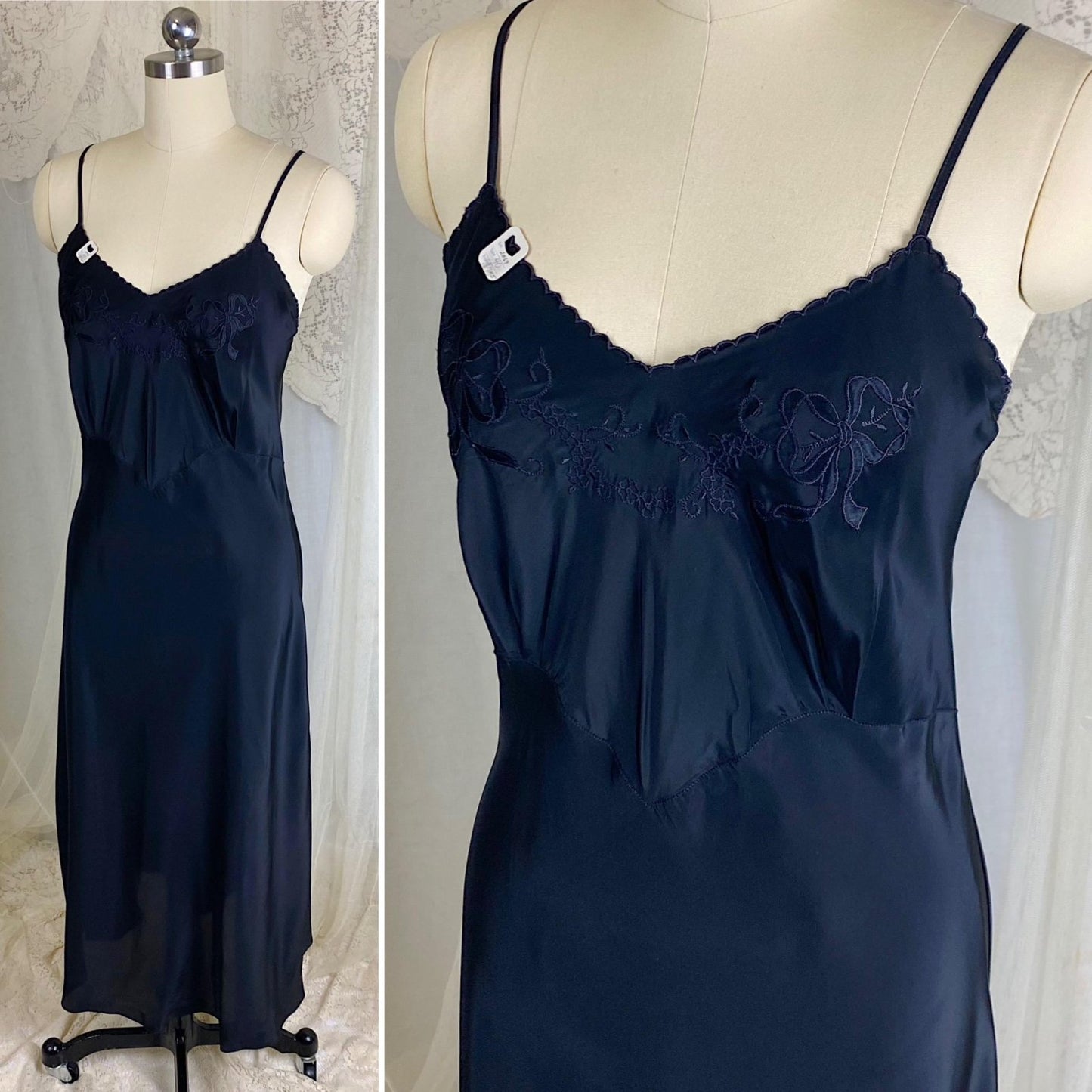 Vintage 1940's Slip - Inky Black Rayon with Satin Bow & Floral Appliqués - Size LG, XLG - By Hard Look - New with Tag - Daggers & Dames