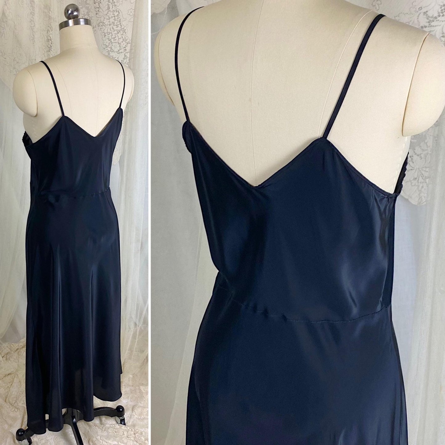 Vintage 1940's Slip - Inky Black Rayon with Satin Bow & Floral Appliqués - Size LG, XLG - By Hard Look - New with Tag - Daggers & Dames