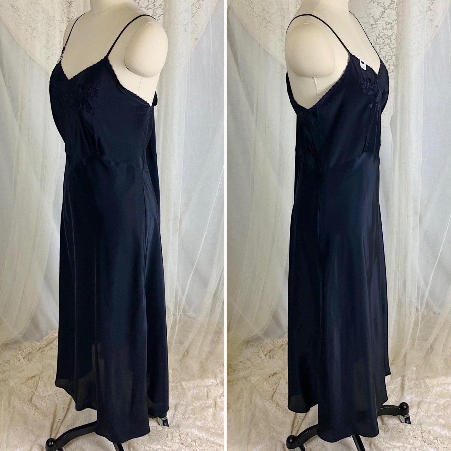 Vintage 1940's Slip - Inky Black Rayon with Satin Bow & Floral Appliqués - Size LG, XLG - By Hard Look - New with Tag - Daggers & Dames
