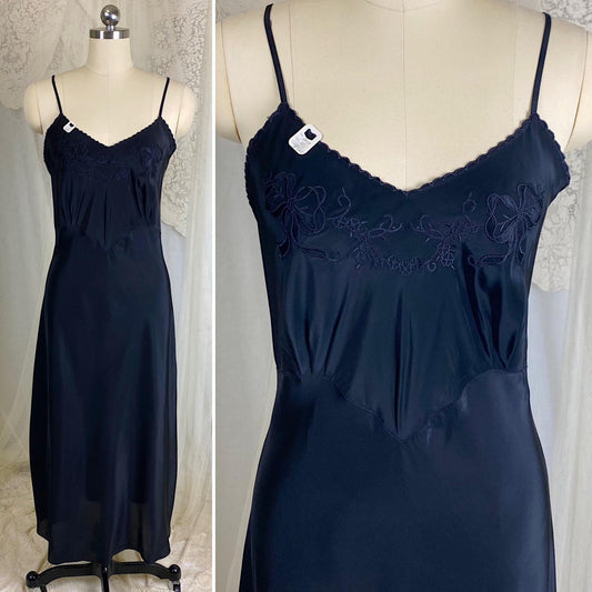 Vintage 1940's Slip - Inky Black Rayon with Satin Bow & Floral Appliqués - Size LG, XLG - By Hard Look - New with Tag - Daggers & Dames
