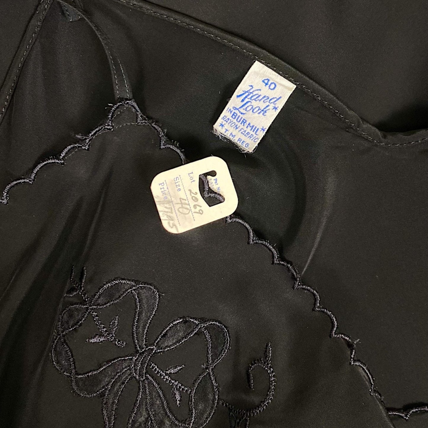 Vintage 1940's Slip - Inky Black Rayon with Satin Bow & Floral Appliqués - Size LG, XLG - By Hard Look - New with Tag - Daggers & Dames
