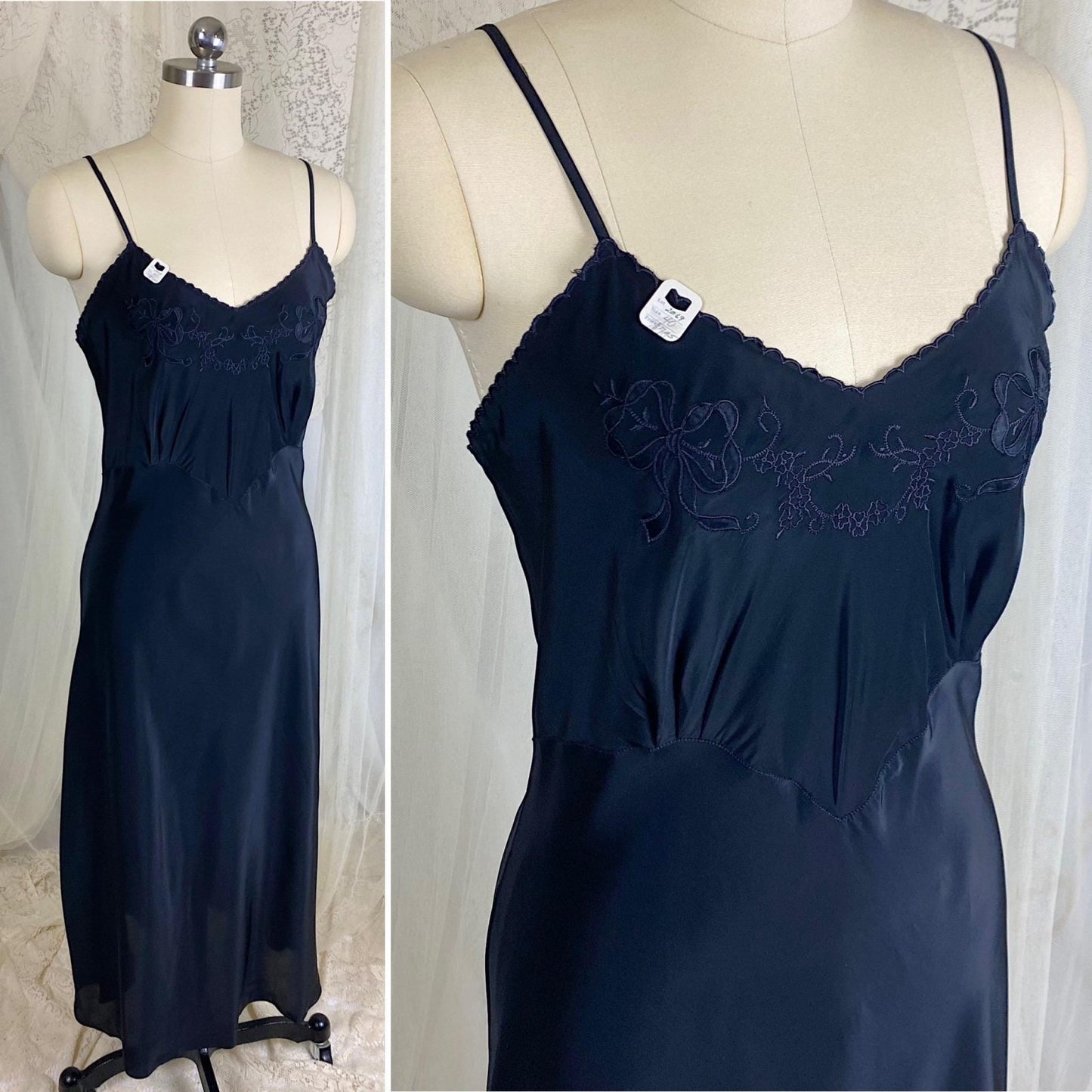 Vintage 1940's Slip - Inky Black Rayon with Satin Bow & Floral Appliqués - Size LG, XLG - By Hard Look - New with Tag - Daggers & Dames