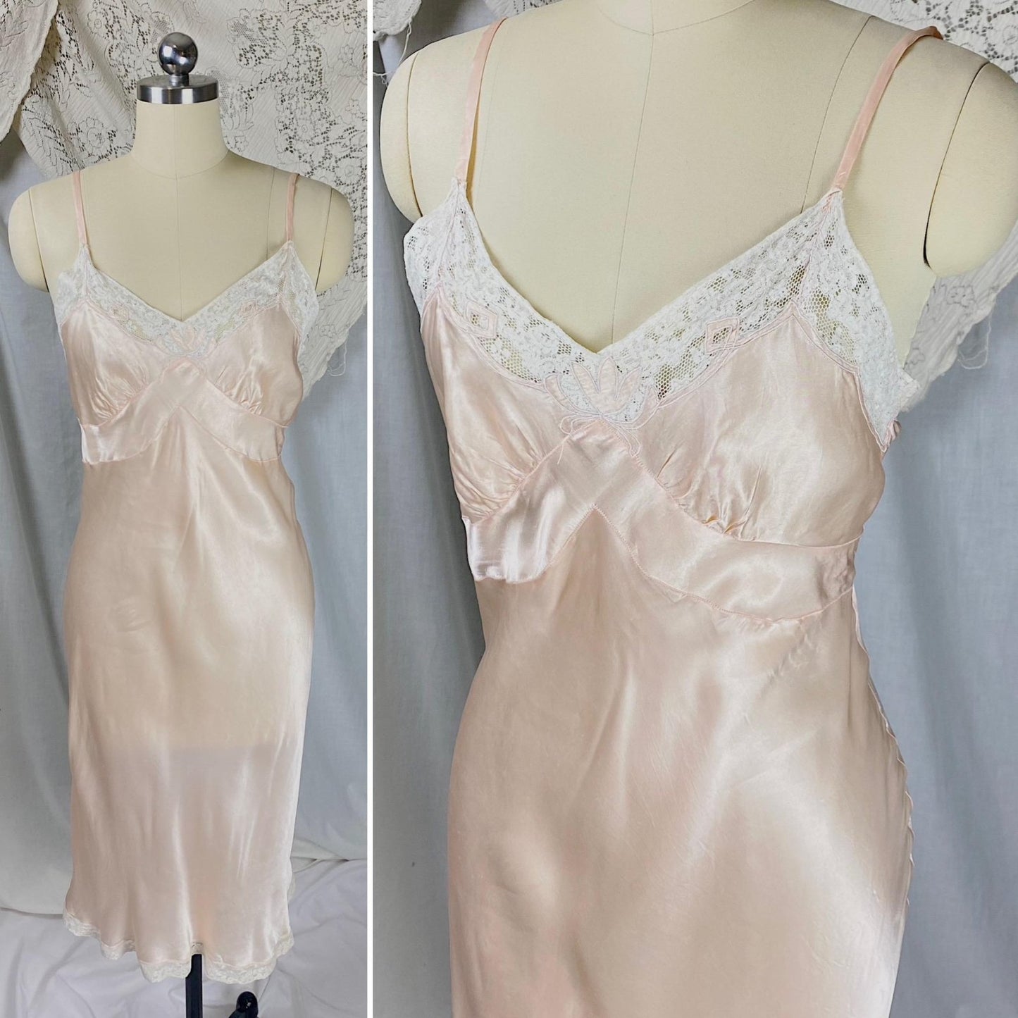 Vintage 1940's Slip | Light Rose Pink Rayon Satin with Cream Cotton Lace | Size XS, S | By La Courelle - Daggers & Dames