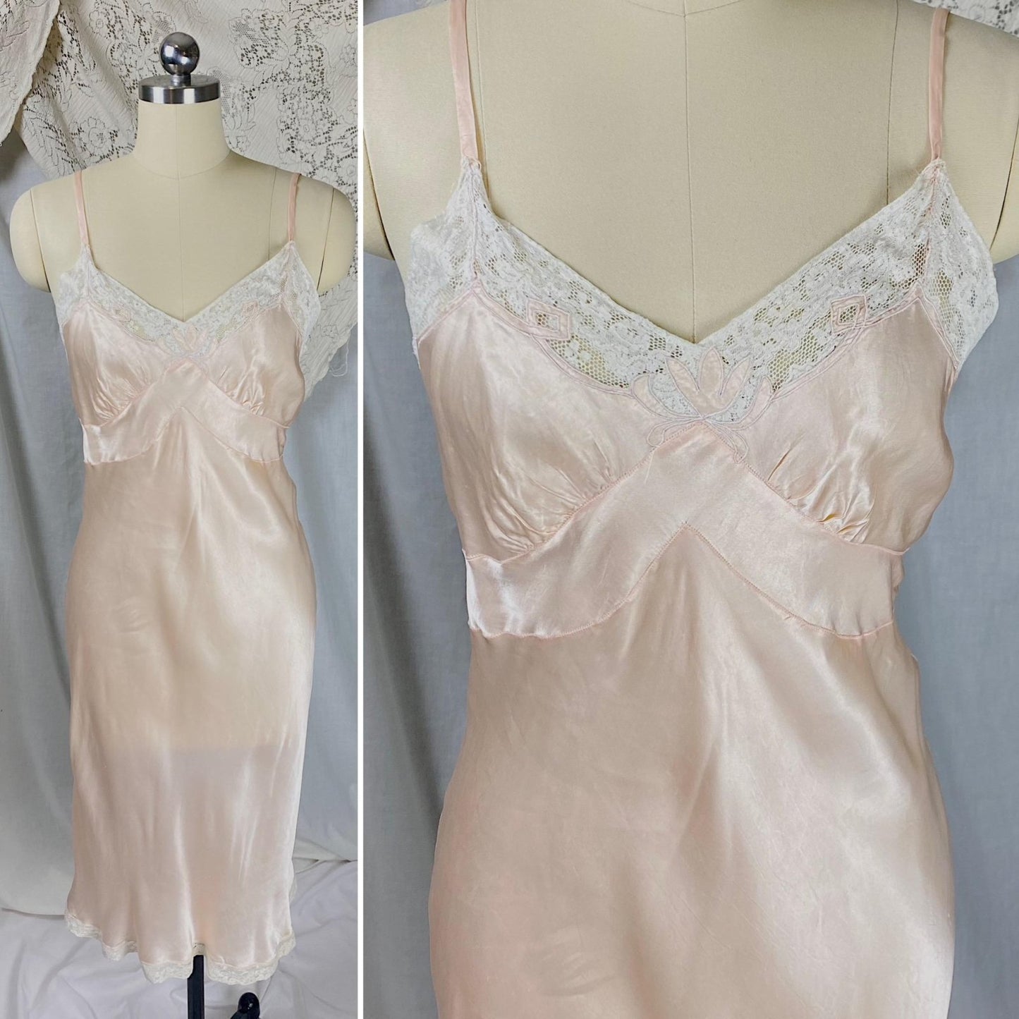 Vintage 1940's Slip | Light Rose Pink Rayon Satin with Cream Cotton Lace | Size XS, S | By La Courelle - Daggers & Dames
