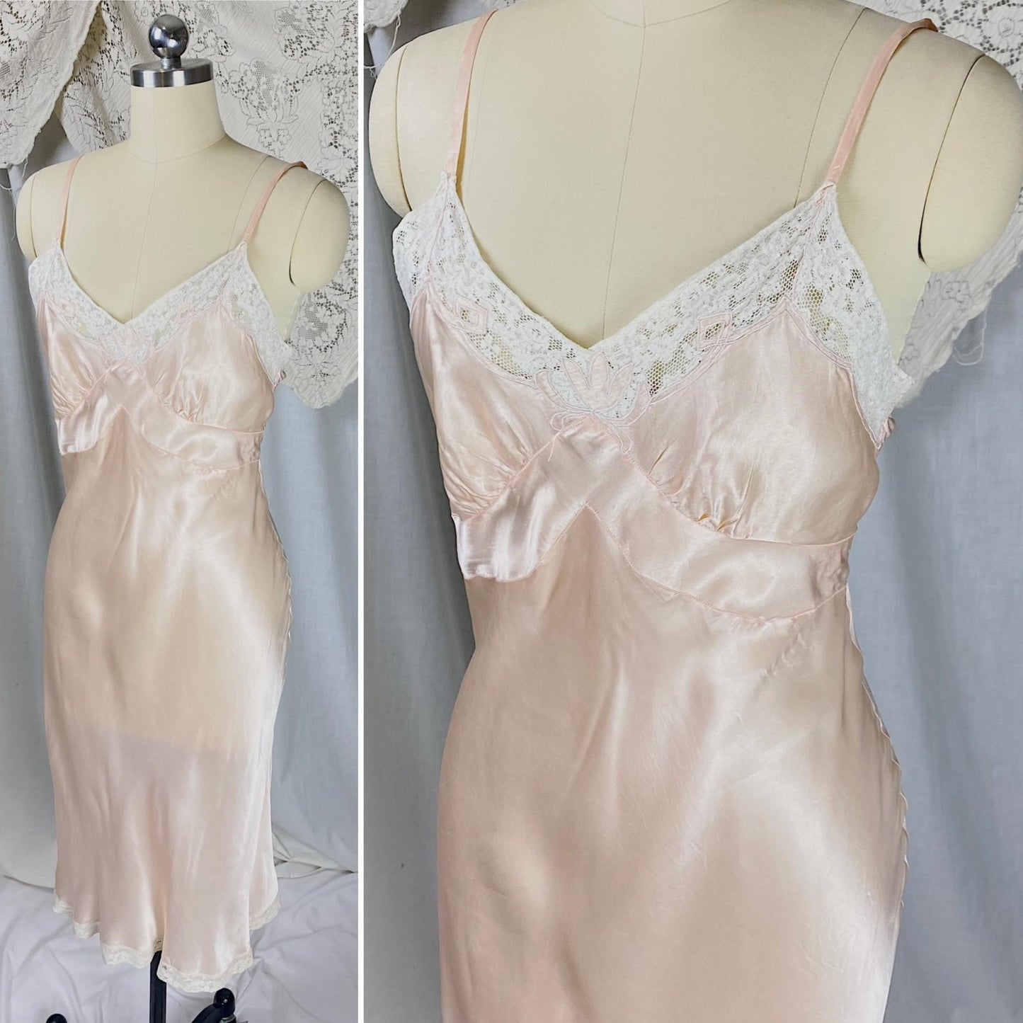 Vintage 1940's Slip | Light Rose Pink Rayon Satin with Cream Cotton Lace | Size XS, S | By La Courelle - Daggers & Dames