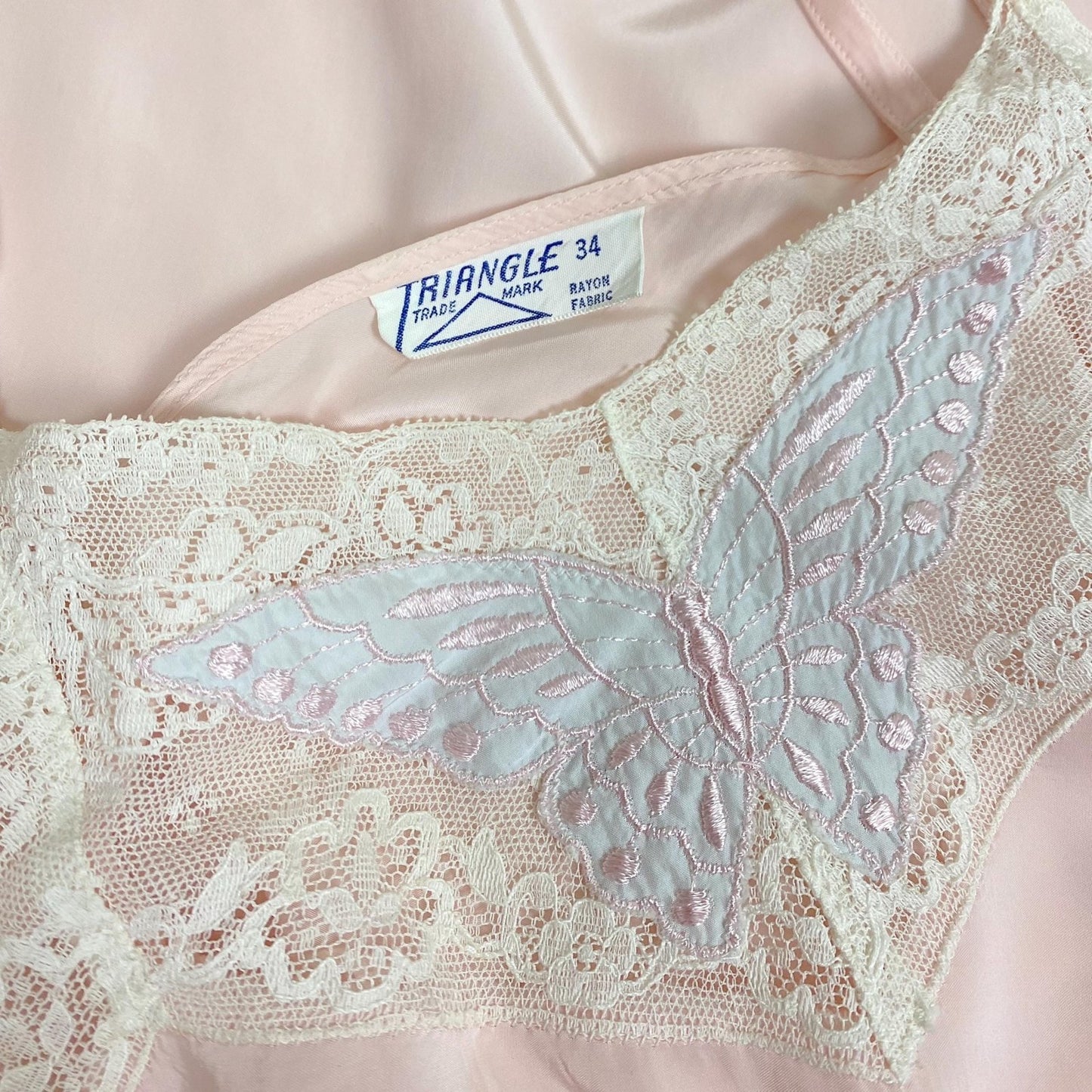 Vintage 1940's Slip - Pastel Pink Rayon with Baby Blue Butterfly Appliques & White Cotton Lace - Size S, M - By Triangle - Daggers & Dames