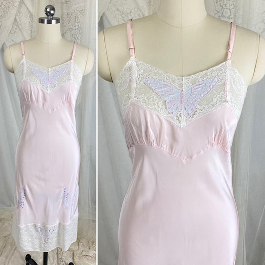 Vintage 1940's Slip - Pastel Pink Rayon with Baby Blue Butterfly Appliques & White Cotton Lace - Size S, M - By Triangle - Daggers & Dames