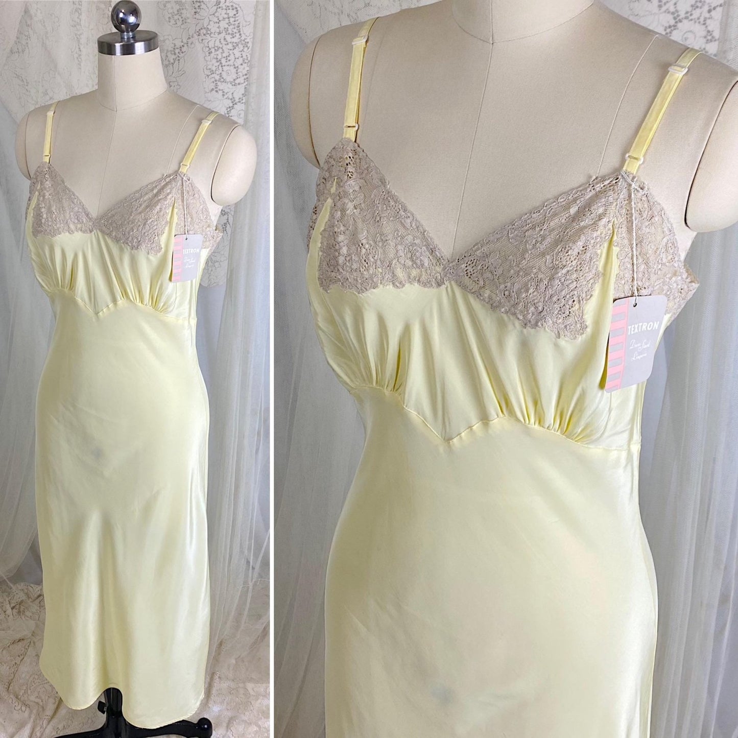 Vintage 1940's Slip - Pastel Yellow Rayon with Nude Cotton Lace - Size S, M - By Textron - New with Tags - Daggers & Dames