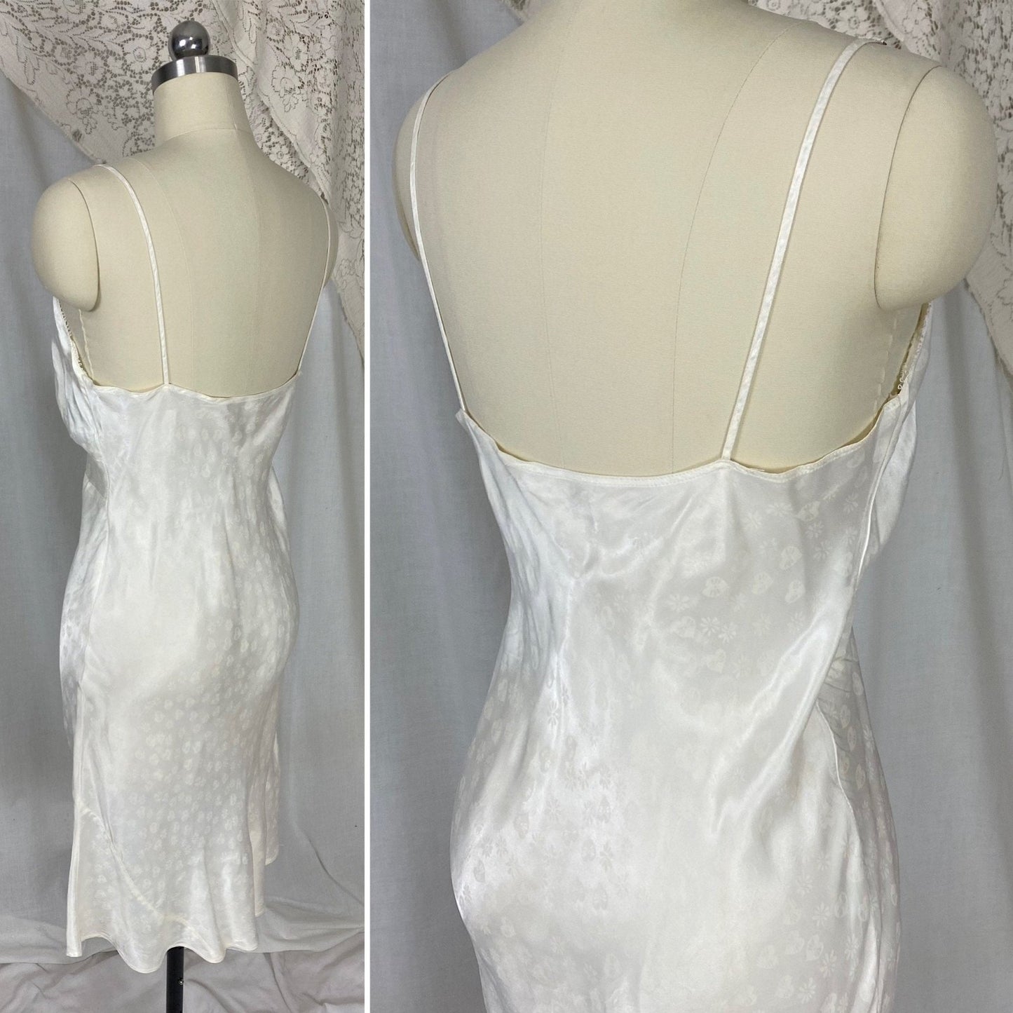 Vintage 1940's Slip | Pearly White Rayon Satin with Hearts & Flowers Damask Pattern | Multiple Sizes - XS, S/M, LG/XL | Never Worn - Daggers & Dames