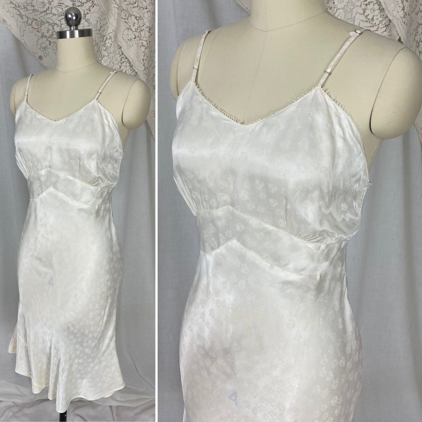 Vintage 1940's Slip | Pearly White Rayon Satin with Hearts & Flowers Damask Pattern | Multiple Sizes - XS, S/M, LG/XL | Never Worn - Daggers & Dames