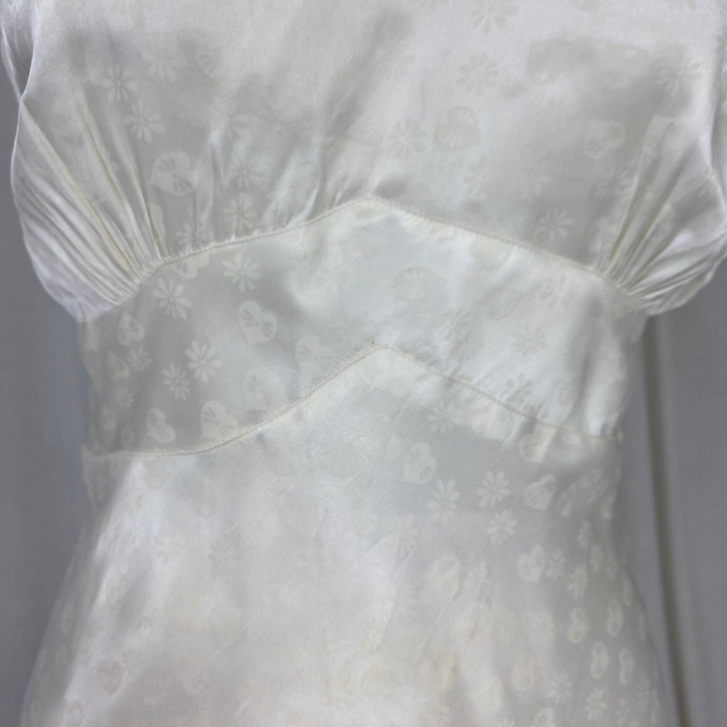 Vintage 1940's Slip | Pearly White Rayon Satin with Hearts & Flowers Damask Pattern | Multiple Sizes - XS, S/M, LG/XL | Never Worn - Daggers & Dames