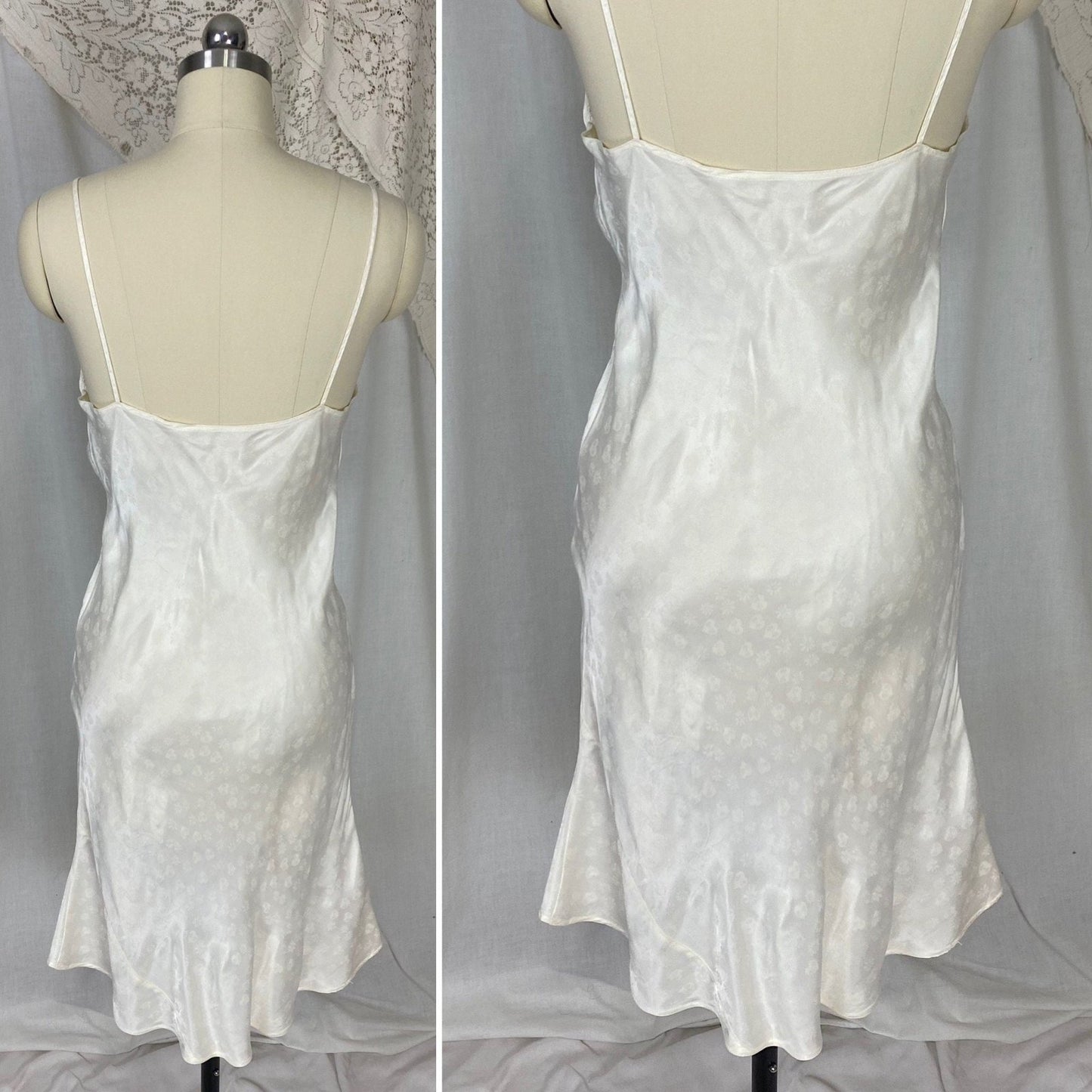 Vintage 1940's Slip | Pearly White Rayon Satin with Hearts & Flowers Damask Pattern | Multiple Sizes - XS, S/M, LG/XL | Never Worn - Daggers & Dames