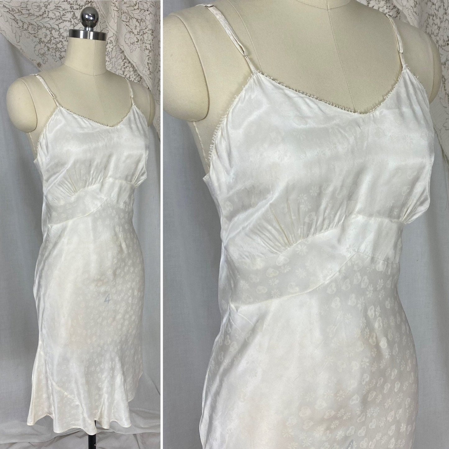 Vintage 1940's Slip | Pearly White Rayon Satin with Hearts & Flowers Damask Pattern | Multiple Sizes - XS, S/M, LG/XL | Never Worn - Daggers & Dames