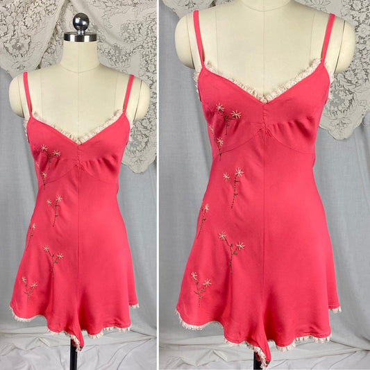 Vintage 1940's Teddy Chemise | Bold Coral Pink Rayon Crepe with Embroidery & Ruffled Cotton Lace | Size S, M - Daggers & Dames