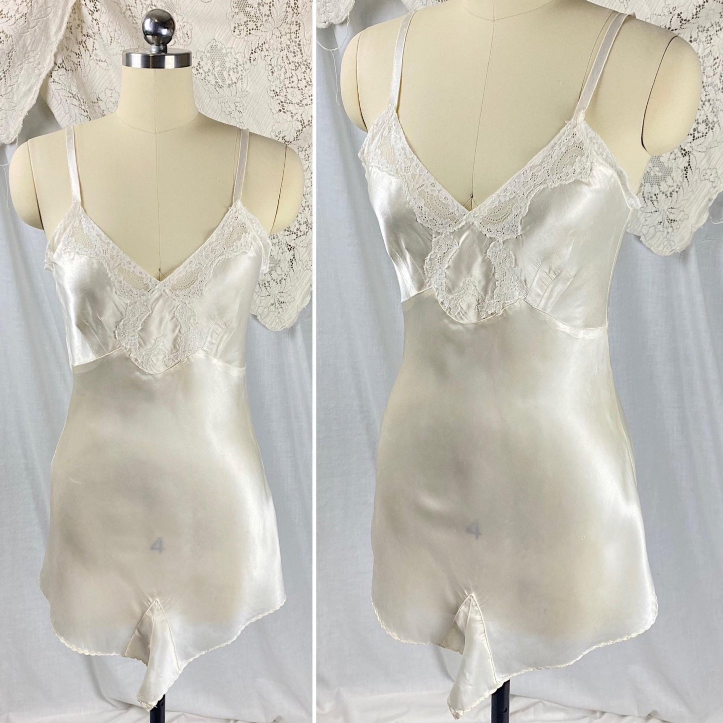 Vintage 1940's Teddy Chemise | Pearlescent White Rayon Satin with Cotton Lace | Size XS | Lynn Loring Lingerie - Never Worn, with Tags - Daggers & Dames