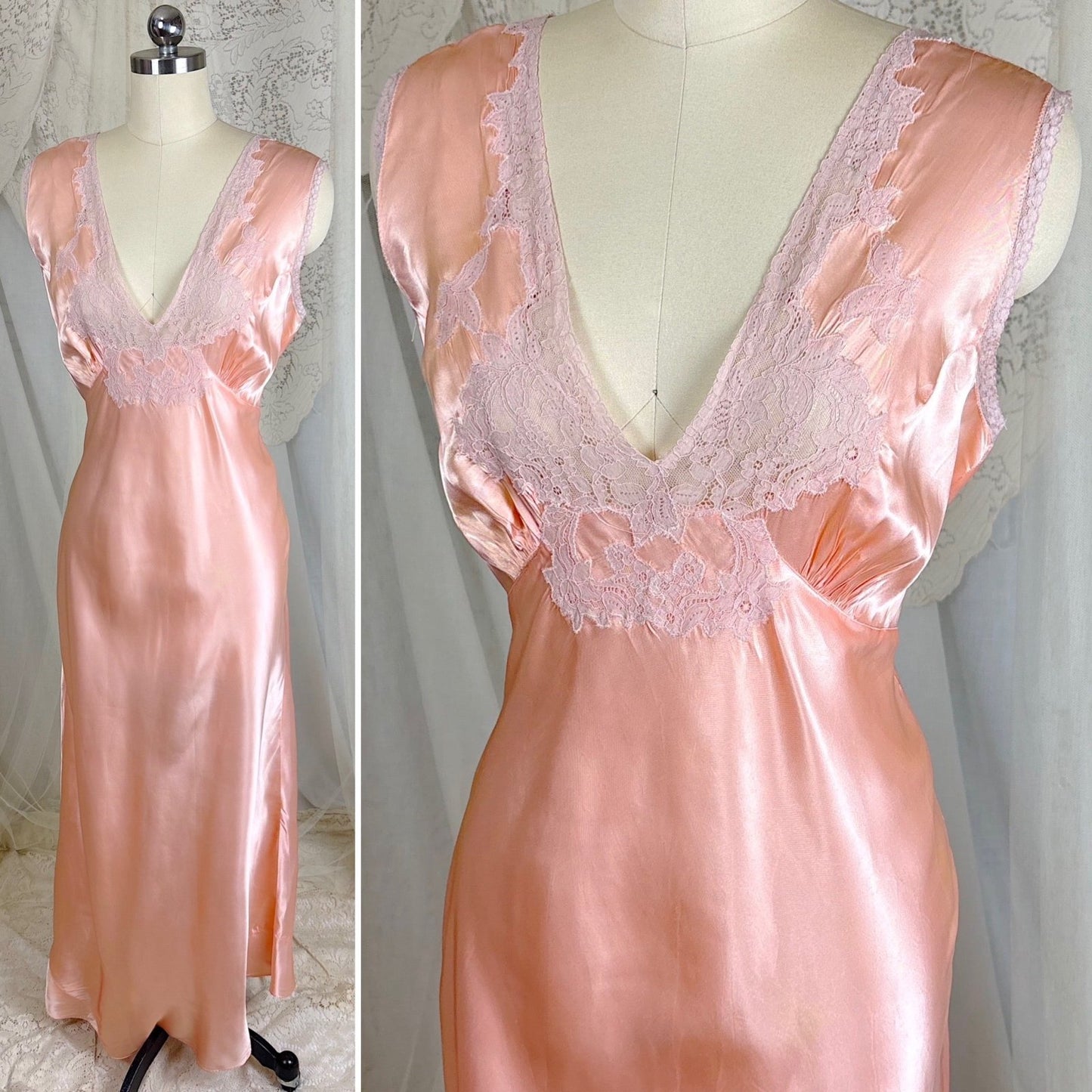 Vintage 1940's Warm Blush Pink Rayon Satin Nightgown with Mauve Cotton Lace Appliqués - Size M, LG, XLG - Daggers & Dames