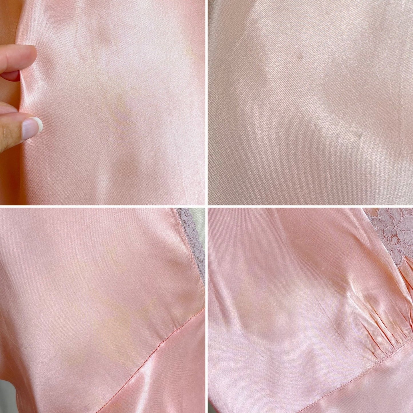 Vintage 1940's Warm Blush Pink Rayon Satin Nightgown with Mauve Cotton Lace Appliqués - Size M, LG, XLG - Daggers & Dames