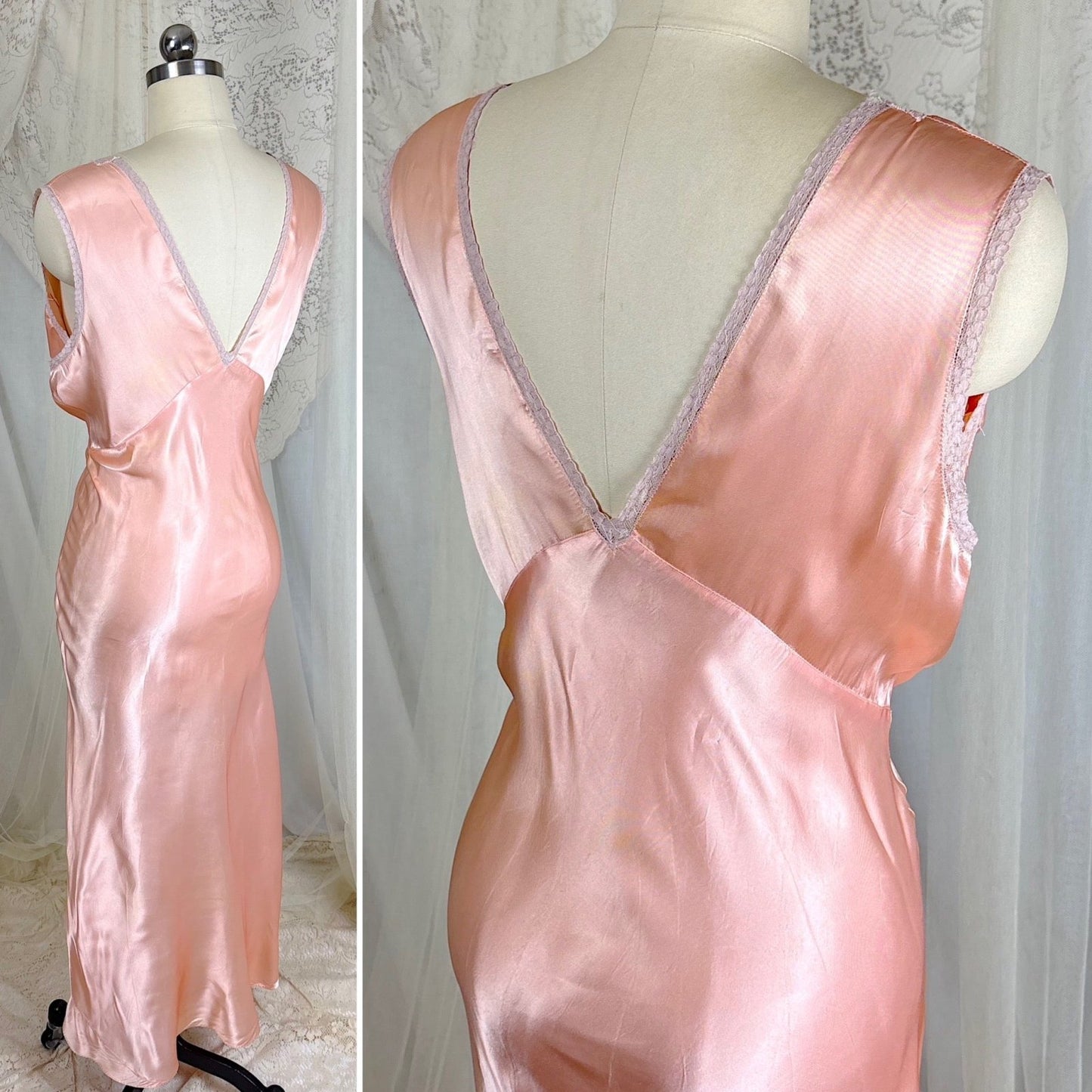 Vintage 1940's Warm Blush Pink Rayon Satin Nightgown with Mauve Cotton Lace Appliqués - Size M, LG, XLG - Daggers & Dames