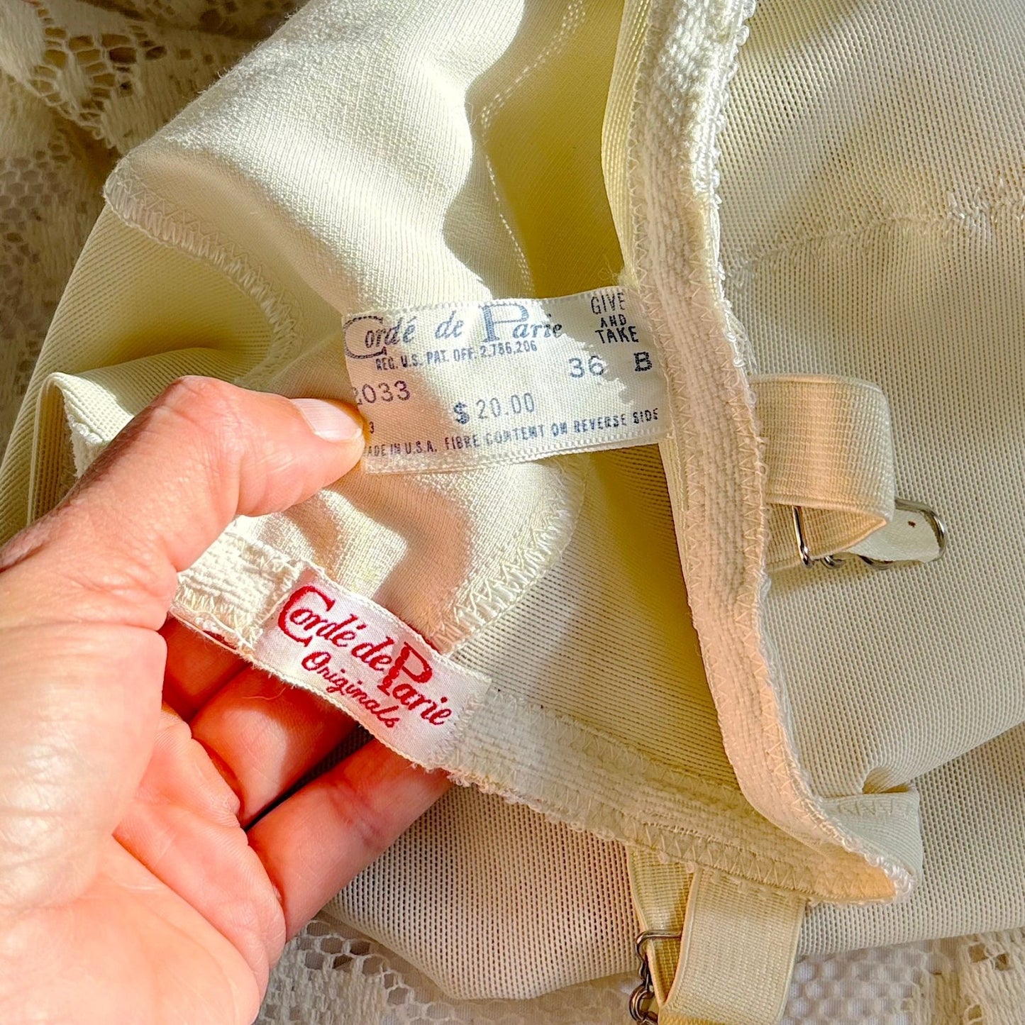 Vintage 1950's - 1960's All in One Girdle - White Power Mesh with Embroidered Chiffon & Rayon Satin Inserts - by Corde de Parie, size 36 B - Daggers & Dames